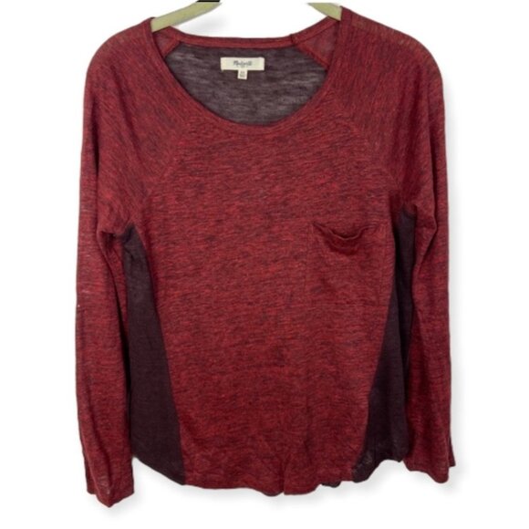 Madewell 100% Linen Curveball Long Sleeve Tee Red Size XS Pocket Crew Neck Top - Picture 2 of 9